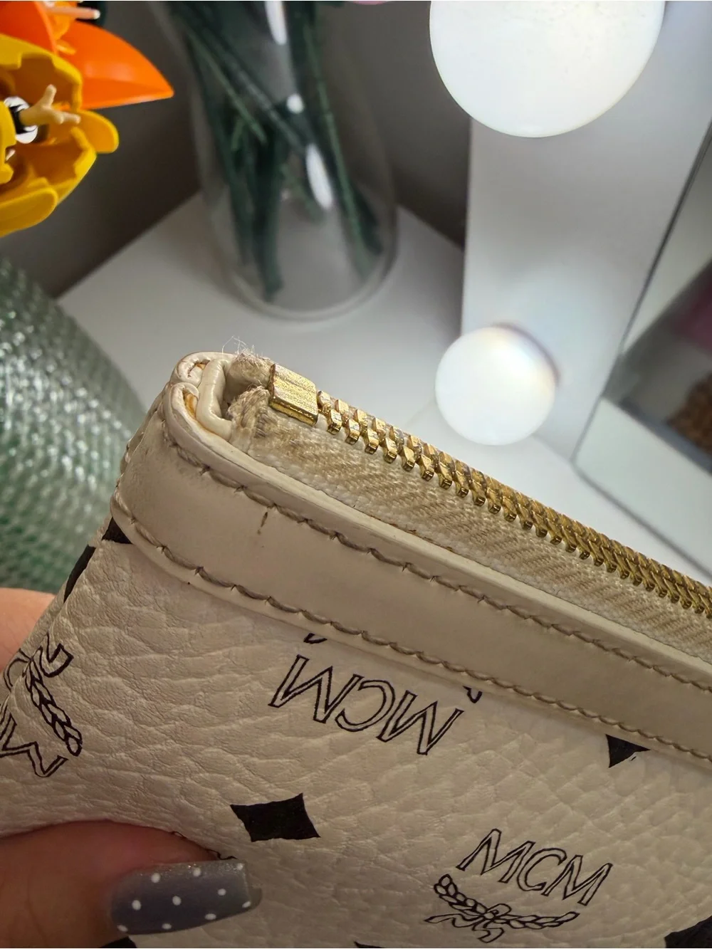 MCM White Monogram Zip Clutch